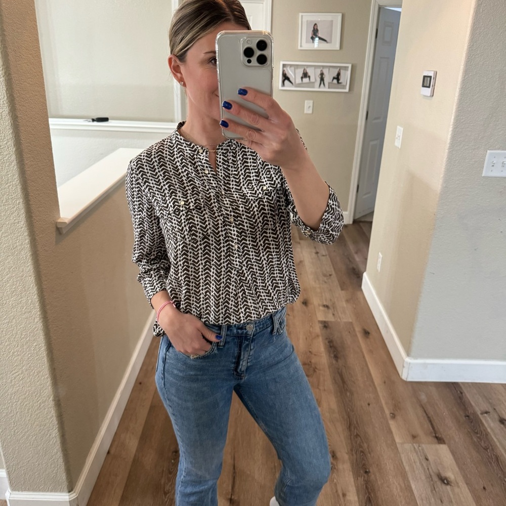 JCP geometric button down brown shirt